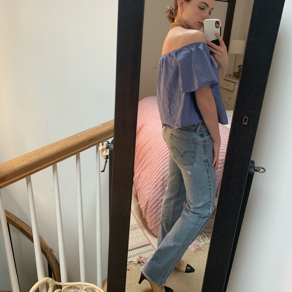 Blue striped strapless blouse